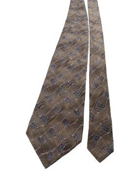 Van Heusen Silk Necktie Tie Brown & Blue Geometric Pattern Mens